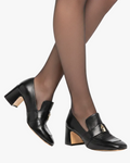 Black Leather Lock Heel Loafer
