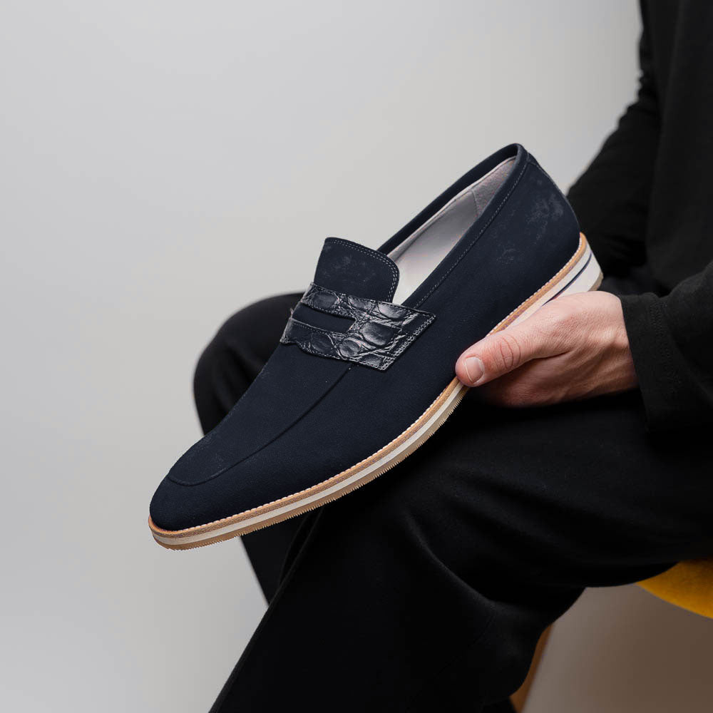 Sueded Goatskin Penny Loafer Navy
