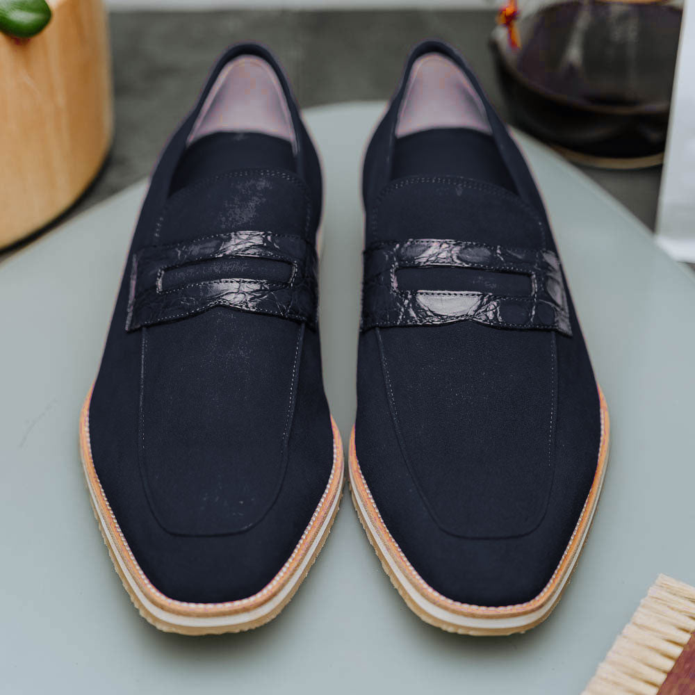 Sueded Goatskin Penny Loafer Navy