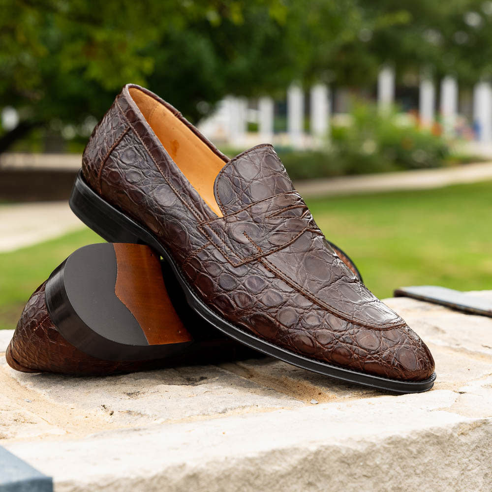 Roma Crocodile Penny Loafer | Cognac