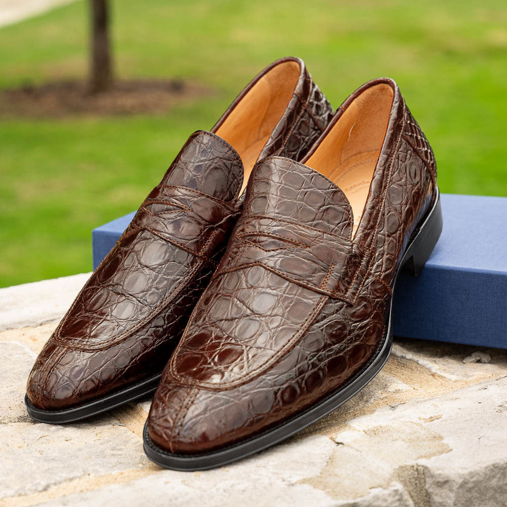 Roma Crocodile Penny Loafer | Cognac