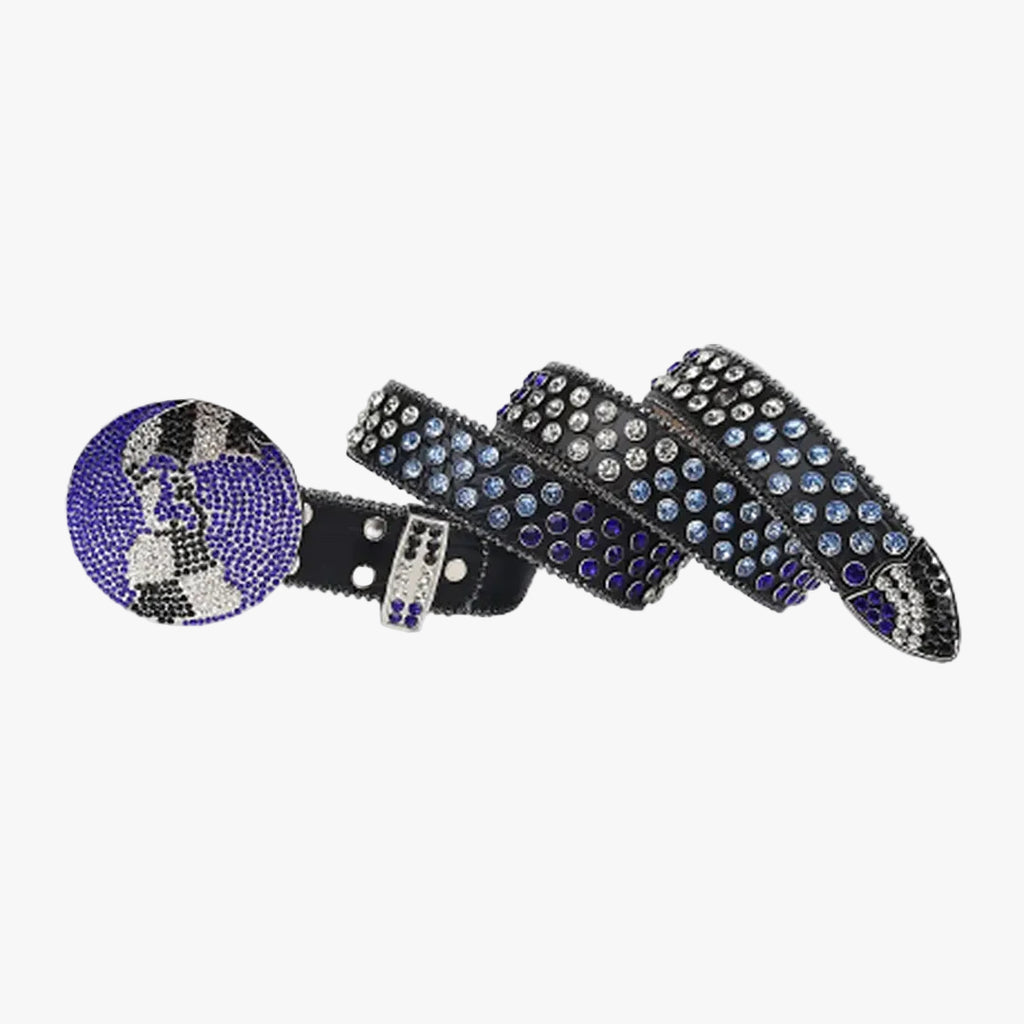 Black Strap Globe Buckle with Purple & Blue Crystal Studded Rhinestone Belt