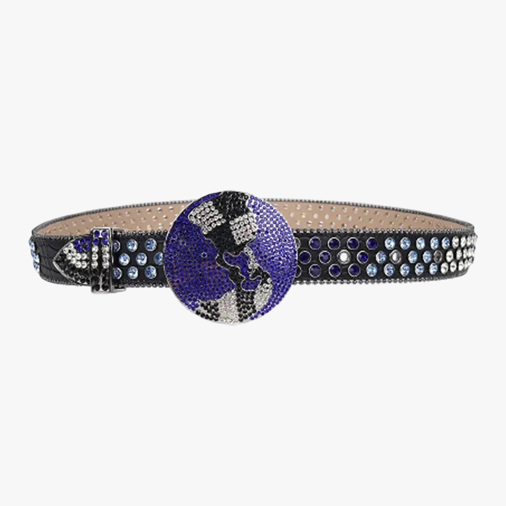 Black Strap Globe Buckle with Purple & Blue Crystal Studded Rhinestone Belt