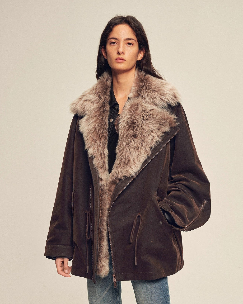 Fireladyfur Sheepskin Parka Coat with Two-Tone Toscana Coyote Fur Collar