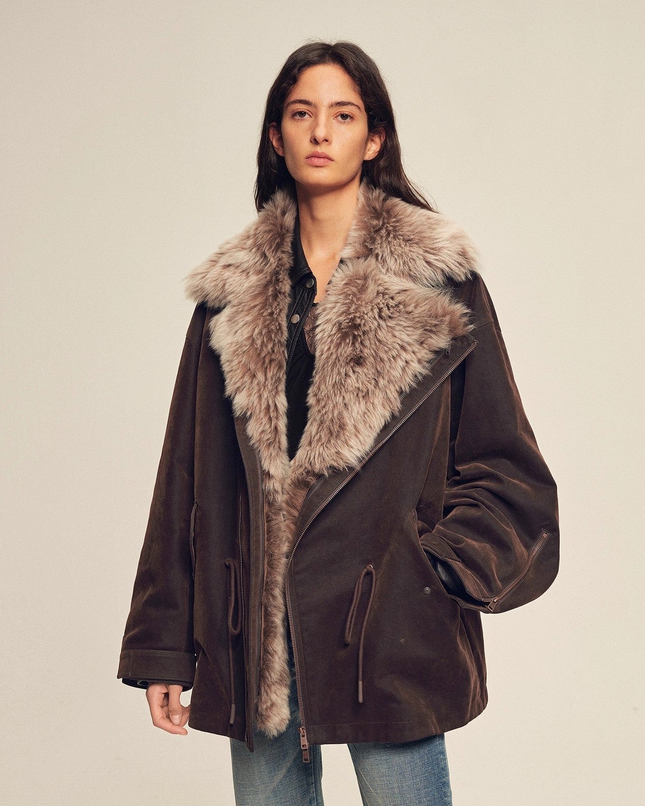 Fireladyfur Sheepskin Parka Coat with Two-Tone Toscana Coyote Fur Collar