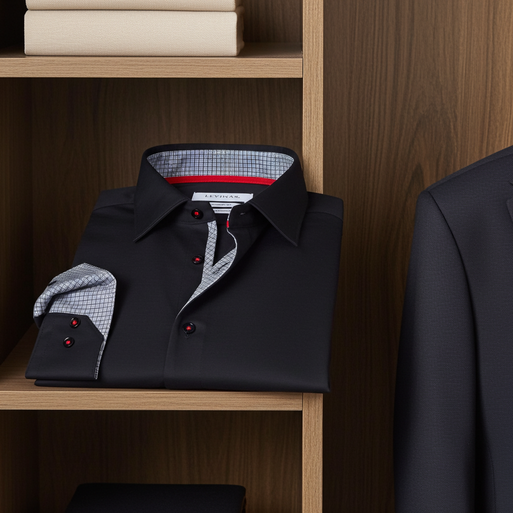 Donny Cotton Knit-Stretch Button-Up Shirt with Contrast Details Black | Tailored Fit (Fitted)