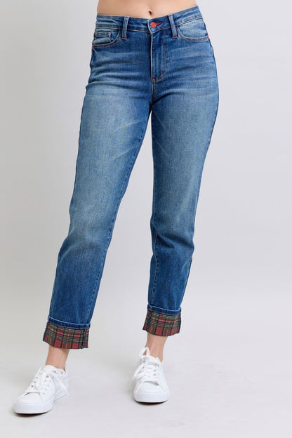 Straight Leg Jeans with Plaid Print Cuff