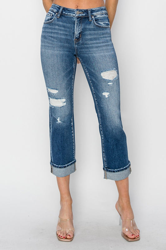 Cuffed Ankle Distressed Straight Jeans