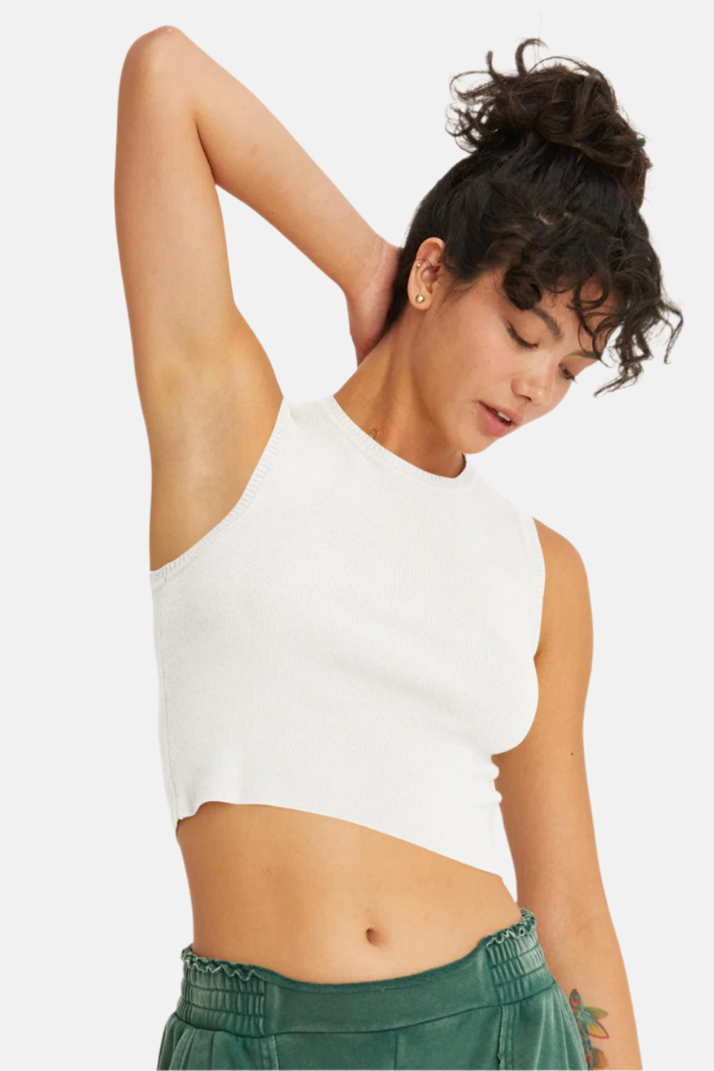 Off White Ribbed Knit Cropped Tank