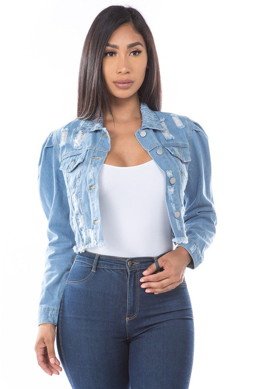 Light Wash Distressed Denim Crop Jacket