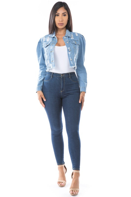 Light Wash Distressed Denim Crop Jacket
