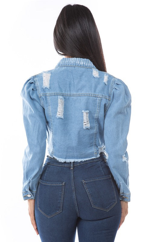 Light Wash Distressed Denim Crop Jacket