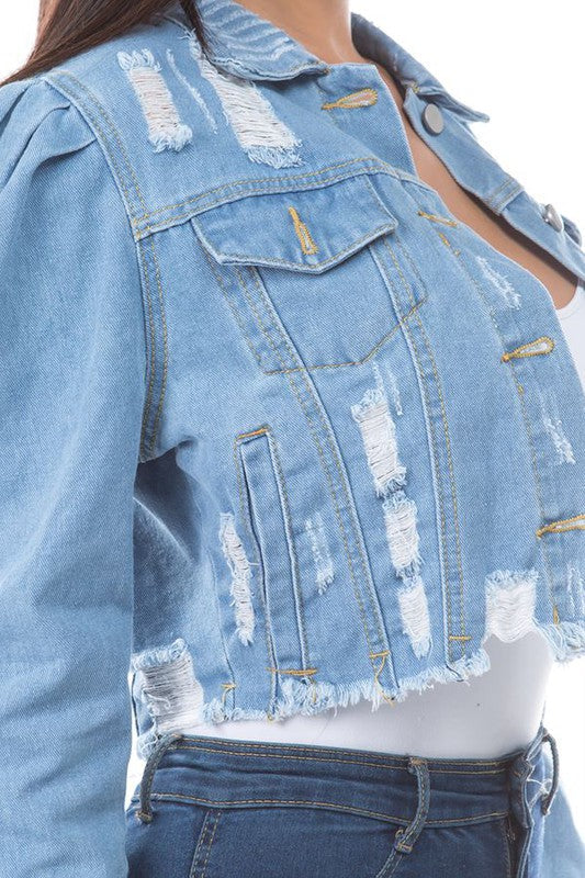 Light Wash Distressed Denim Crop Jacket