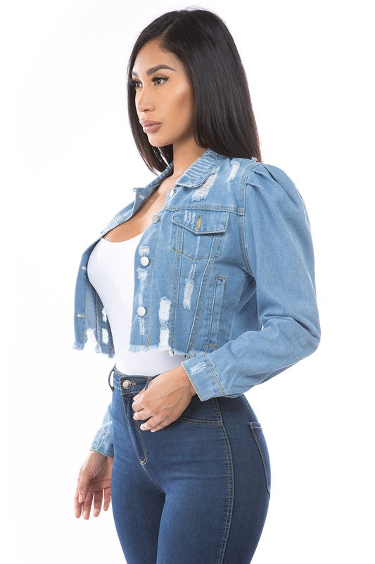 Light Wash Distressed Denim Crop Jacket