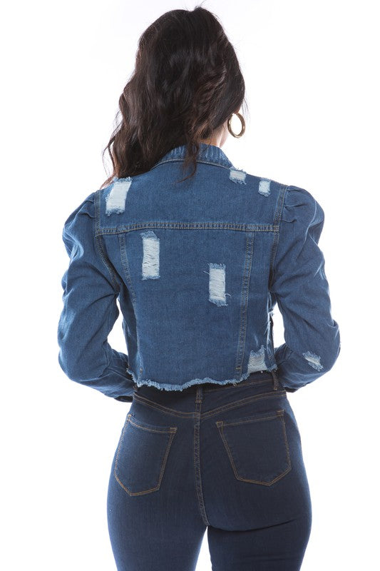 Mid Wash Distressed Denim Crop Jacket