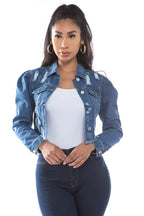 Mid Wash Distressed Denim Crop Jacket