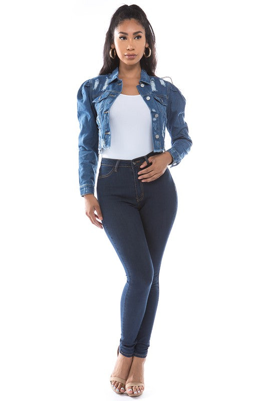 Mid Wash Distressed Denim Crop Jacket