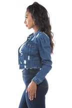 Mid Wash Distressed Denim Crop Jacket