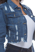 Mid Wash Distressed Denim Crop Jacket