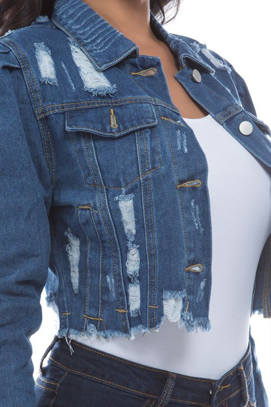 Mid Wash Distressed Denim Crop Jacket