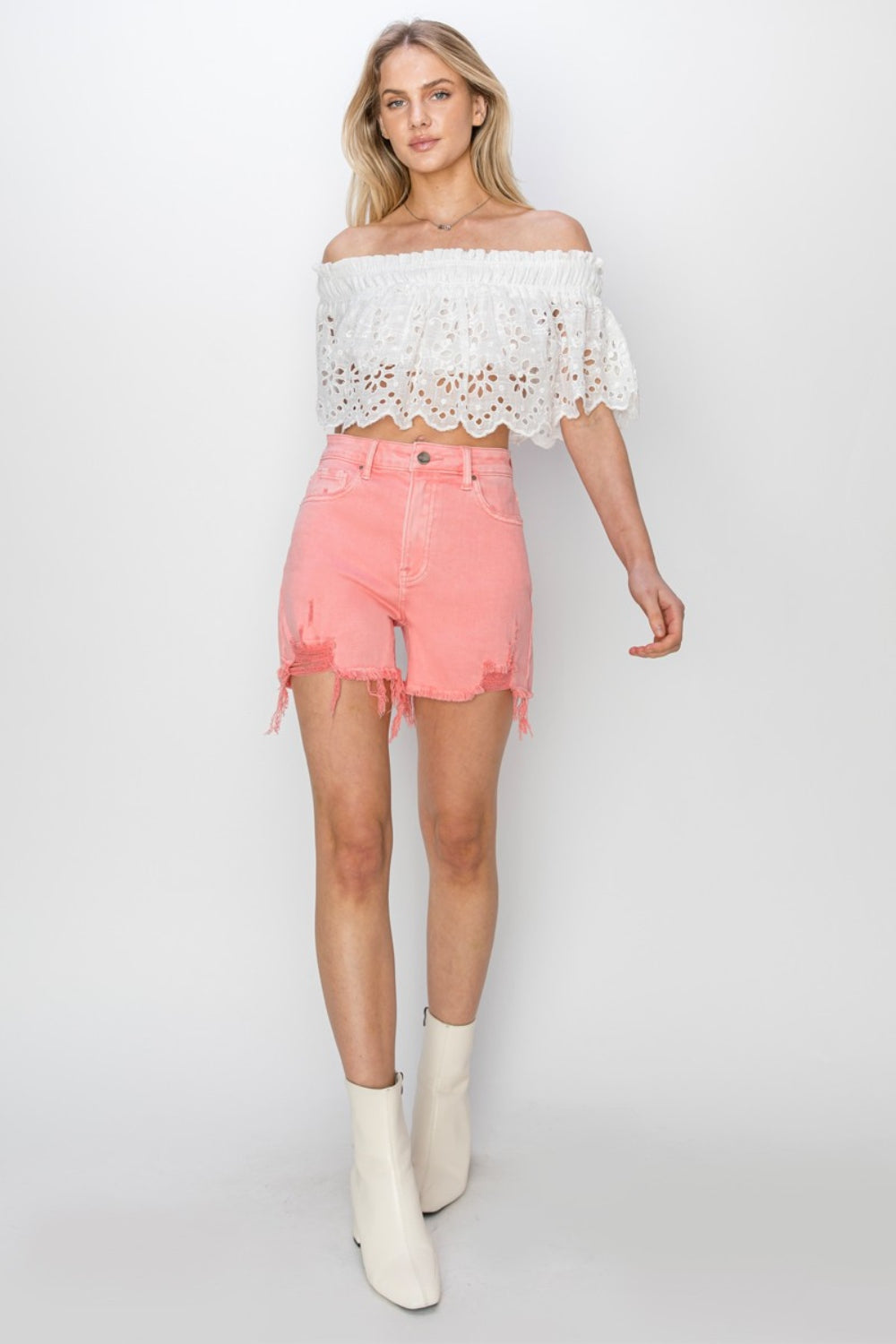 Risen Raw Hem High Rise Distressed Denim Shorts
