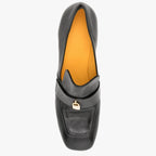 Black Leather Lock Heel Loafer