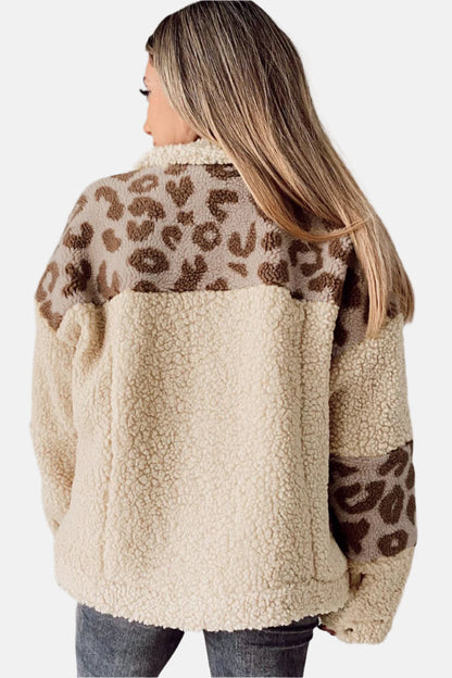 Leopard Collared Neck Sherpa Jacket