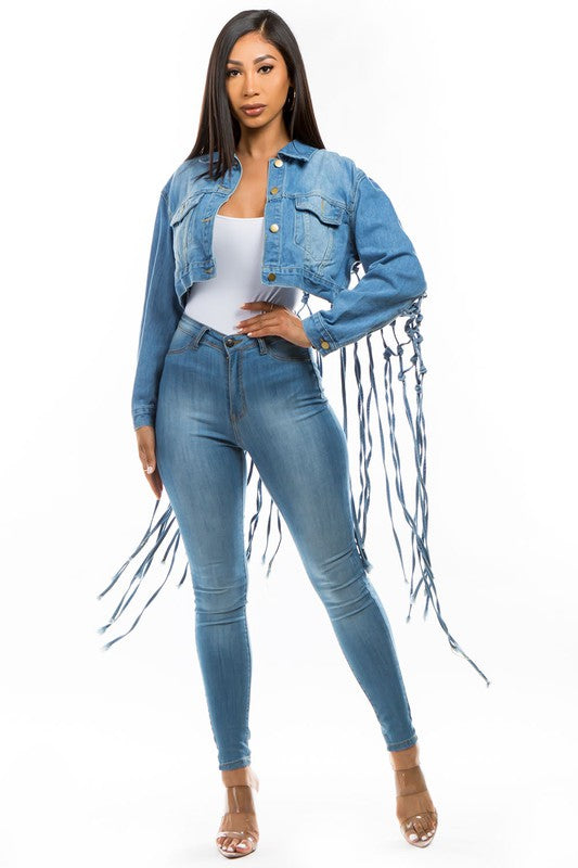 Denim Crop Jacket with Tassels