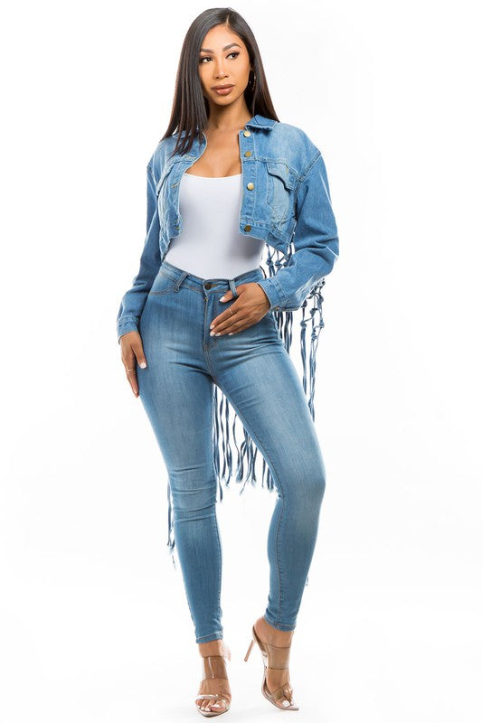 Denim Crop Jacket with Tassels