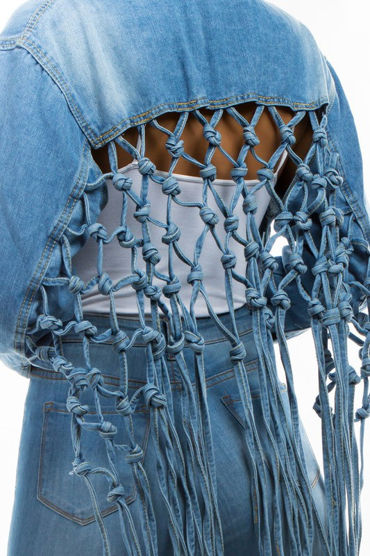 Denim Crop Jacket with Tassels