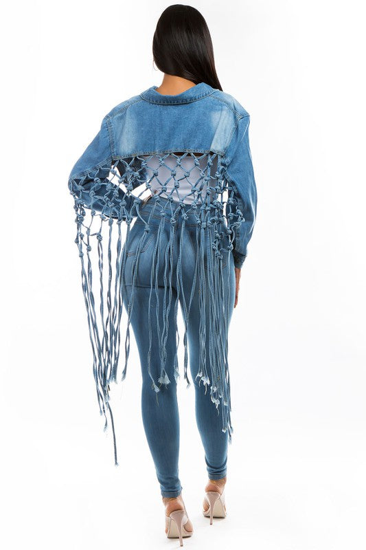 Denim Crop Jacket with Tassels