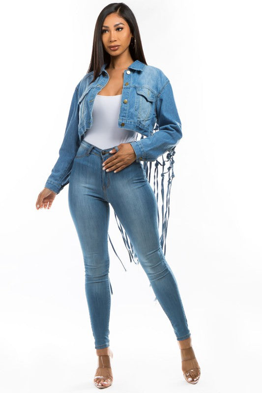 Denim Crop Jacket with Tassels