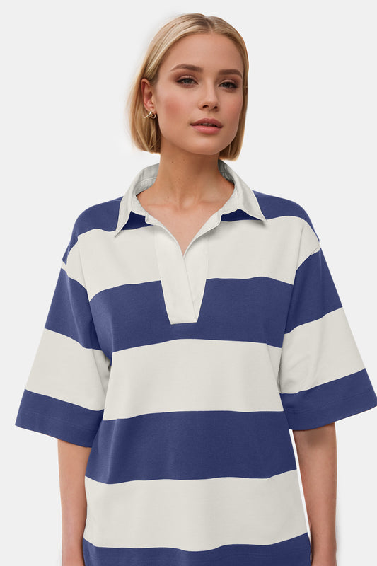 Pima Cotton Wash Color Block Johnny Collar Half Sleeve Top