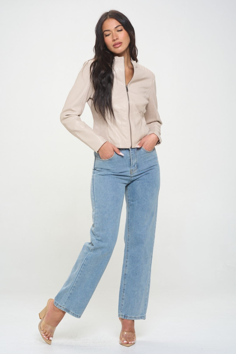 Cream Color Zip-Up Vegan Moto Jacket