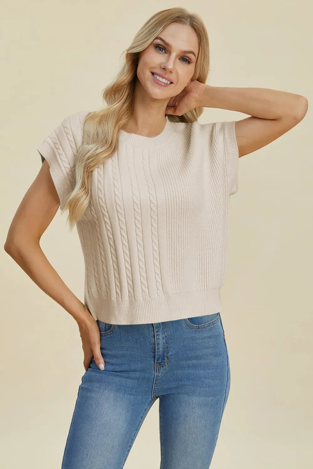 Double Take Cable-Knit Round Neck Short Sleeve Sweater