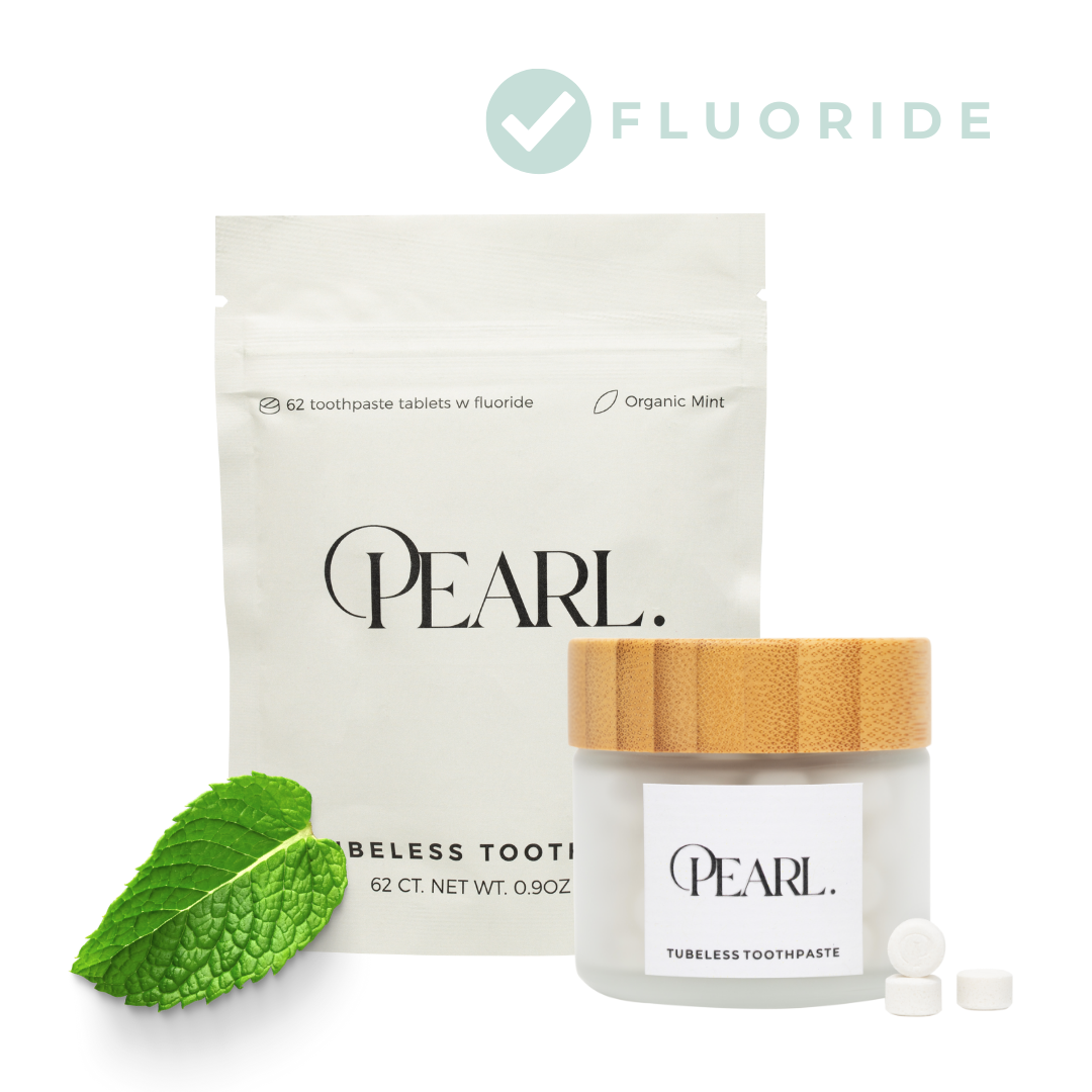 Starter Kit: The Pearl Jar White Sea Glass & Fluoride Mint Toothpaste Tablets | 62 Tablets | Refill Pouch