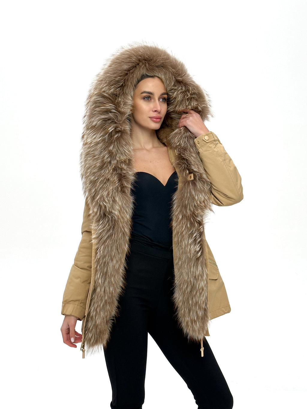 Genuine Silver Fur Trim Parka with Rabbit Fur Insulation Khaki