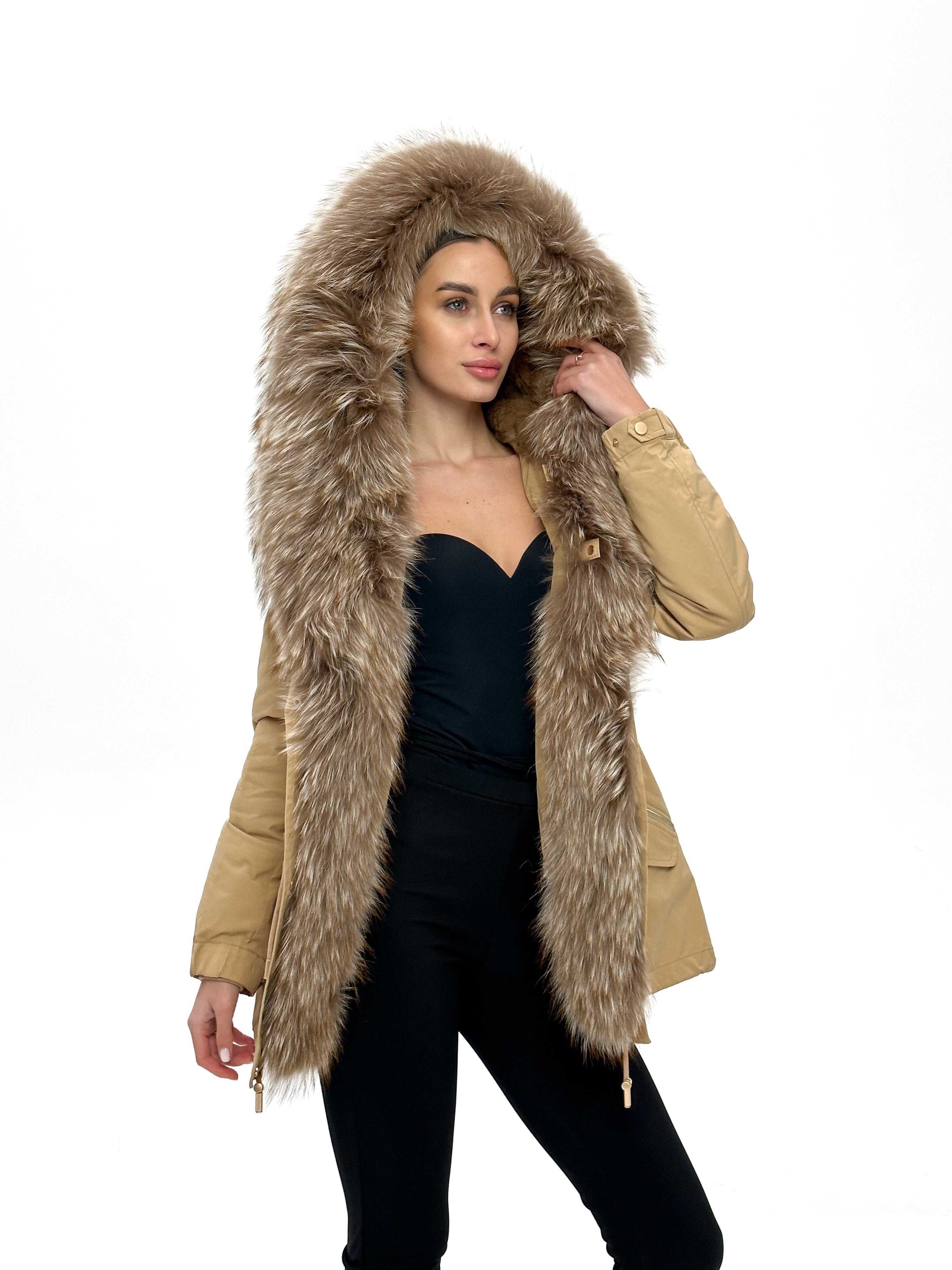 Genuine Silver Fur Trim Parka with Rabbit Fur Insulation Khaki