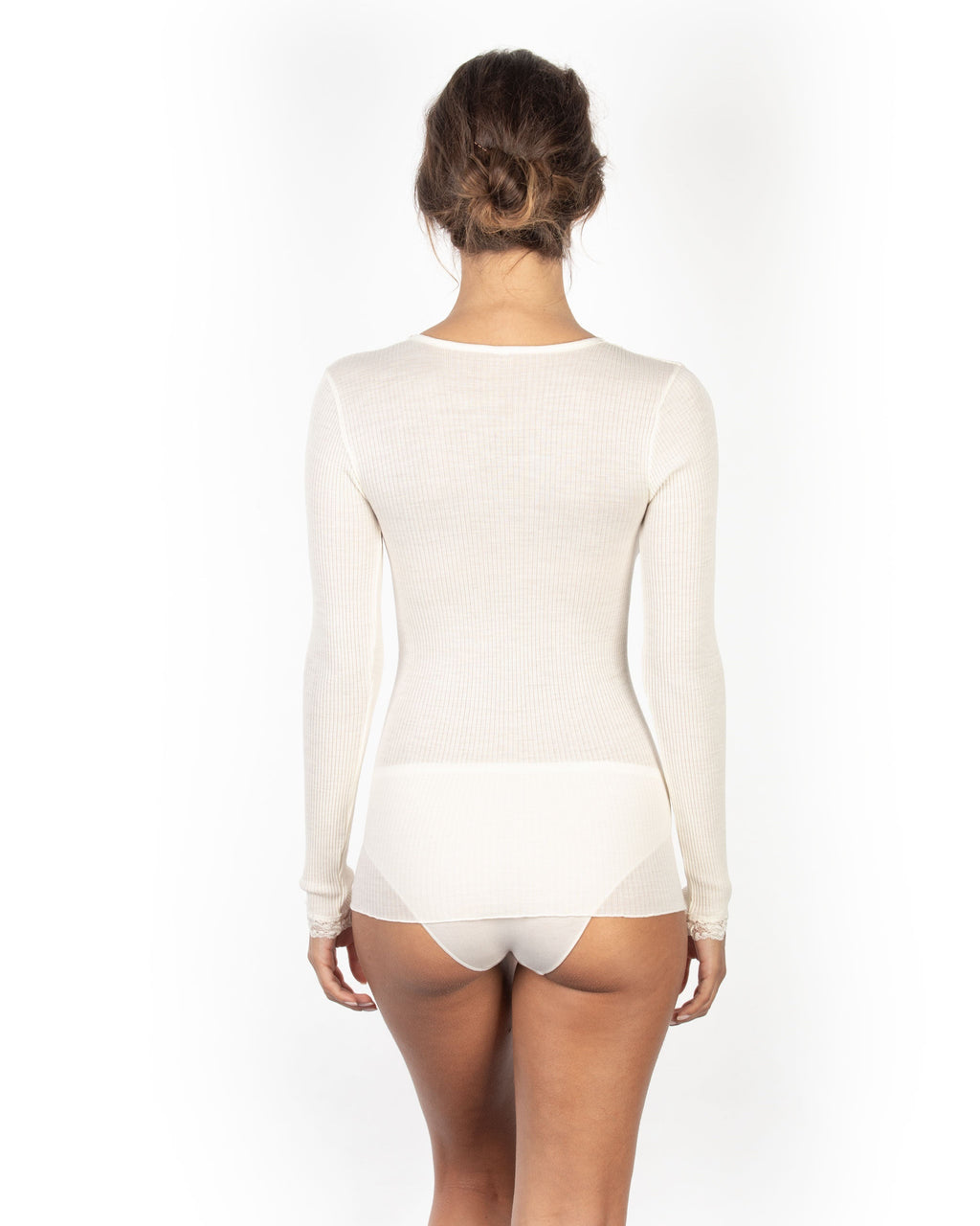 EGi Luxury Wool Silk Long Sleeve Top with Lace Trim