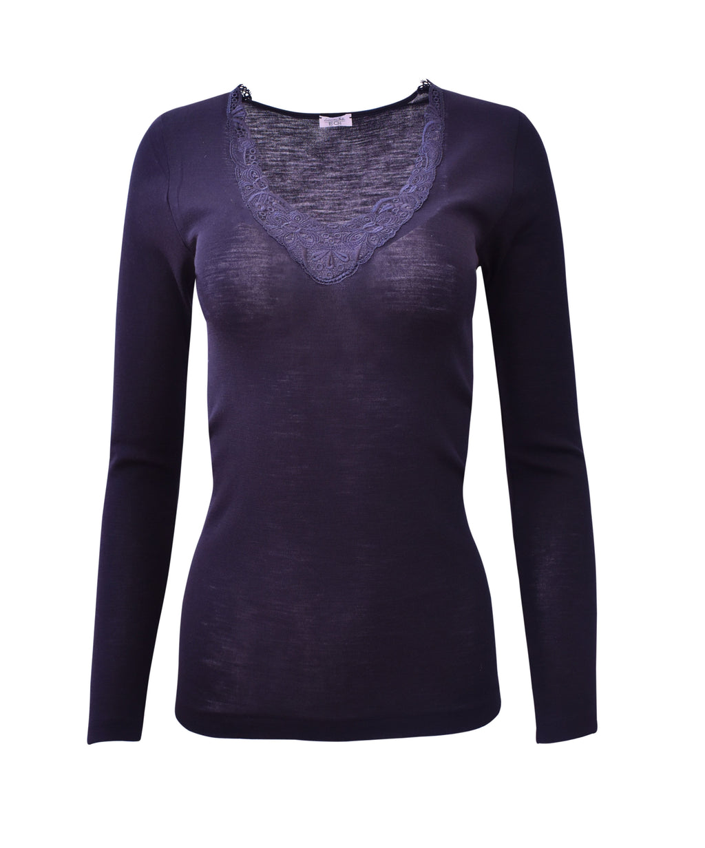 EGI Luxury Merino Wool Silk Women's Macramé Trimmed Long Sleeve T-Shirt | 148