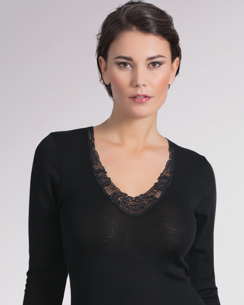 EGI Luxury Merino Wool Silk Women's Macramé Trimmed Long Sleeve T-Shirt | 148