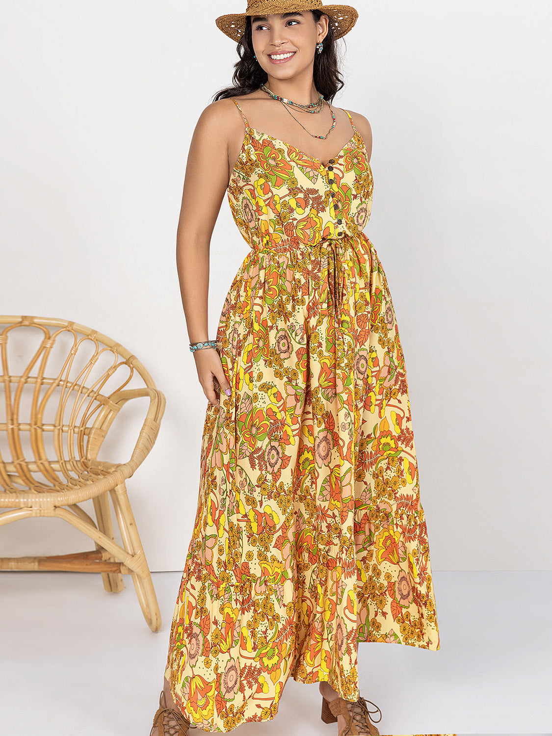 Gold Printed V-Neck Maxi Cami Dress