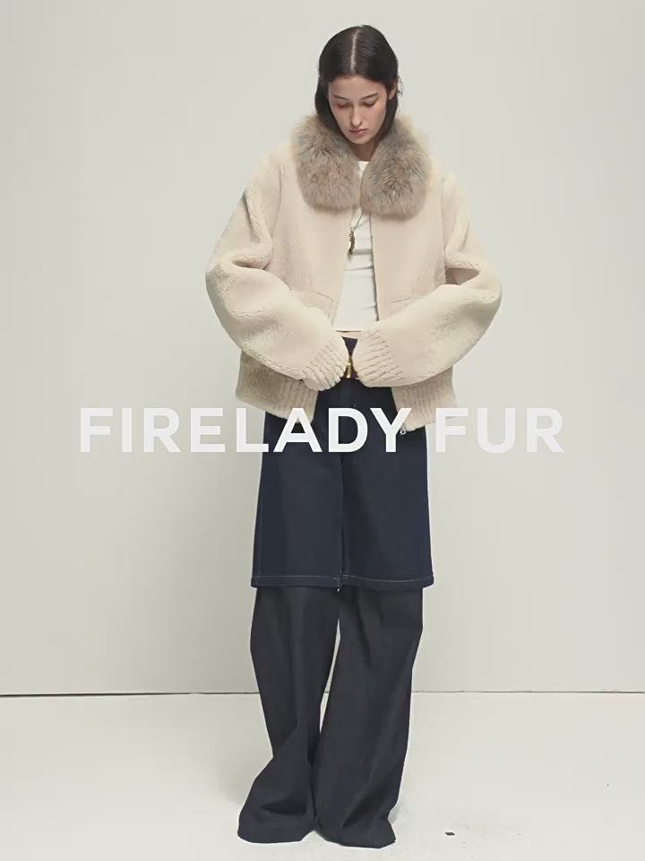 Firelady Fur Women's Merino Shearling Coat | Layered Patch-Dyed Raccoon Fur Collar “Hokkaido Melody”