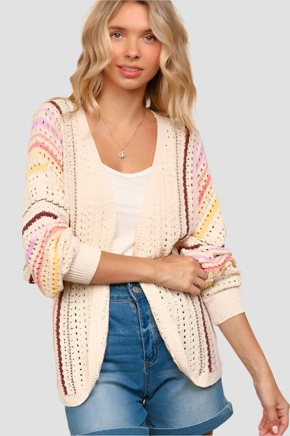 Striped Crochet Open Front Cardigan