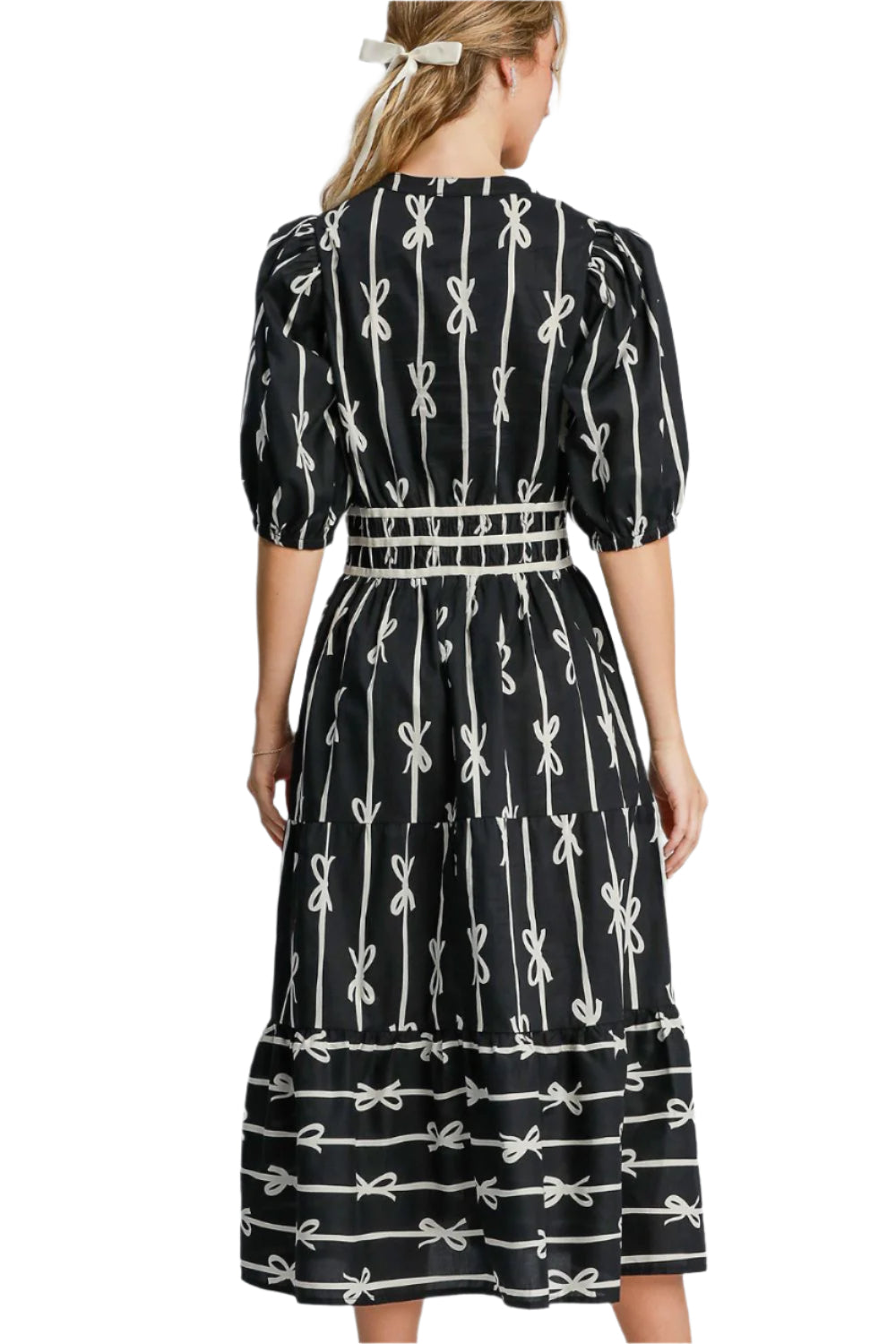 Bow Tie Print Notched Contrast Velvet Trim Midi Dress