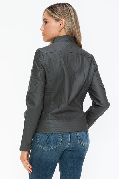 Charcoal Faux Leather Zip-Up Mock Neck Jacket