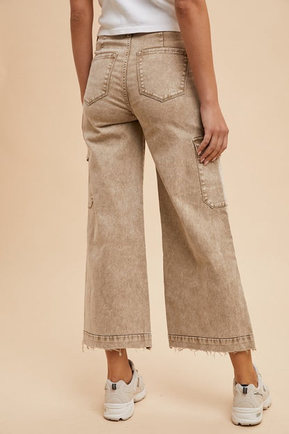 Raw Hem Wide Leg Jeans with Cargo Pockets Brown