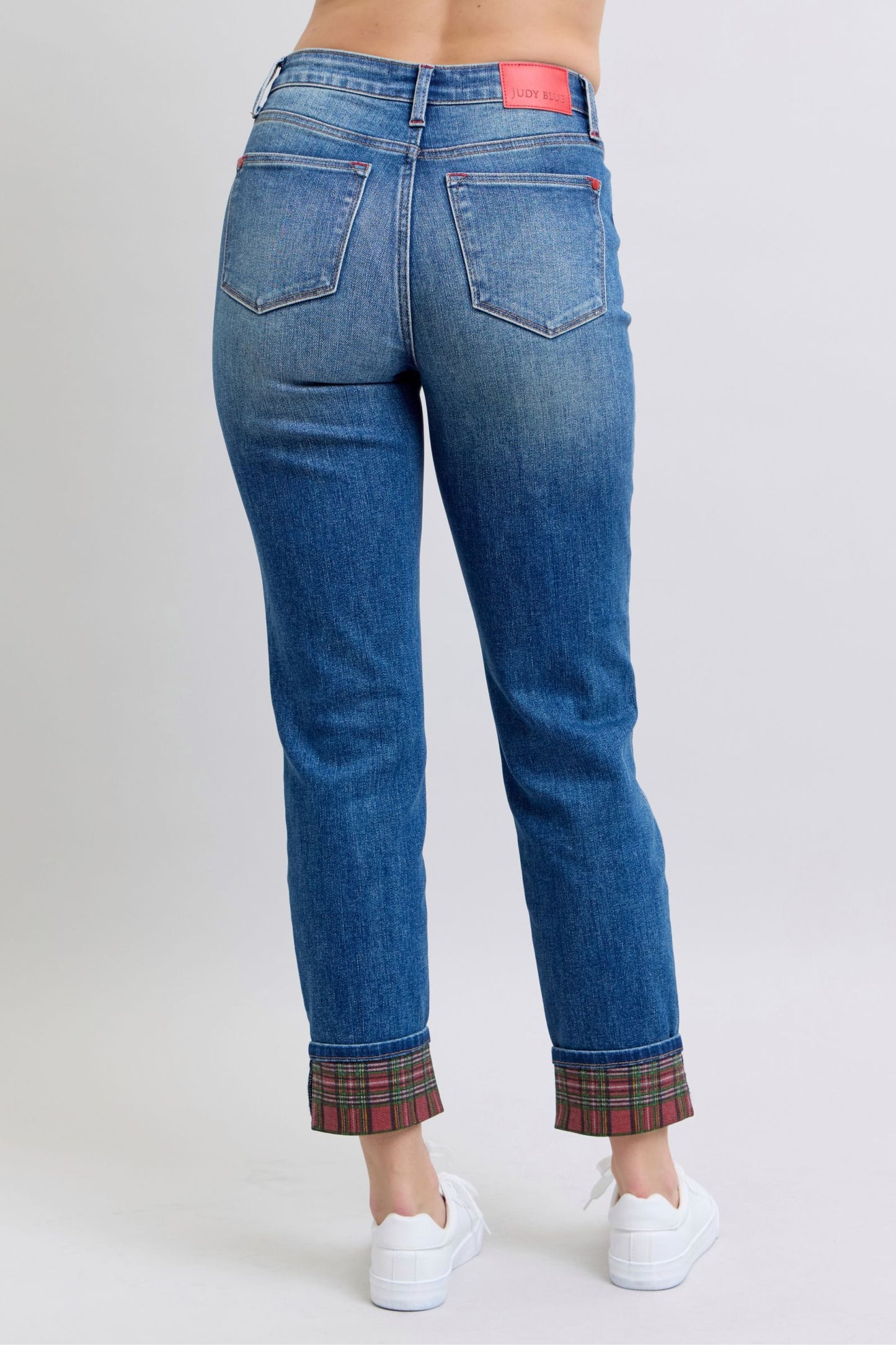 Straight Leg Jeans with Plaid Print Cuff