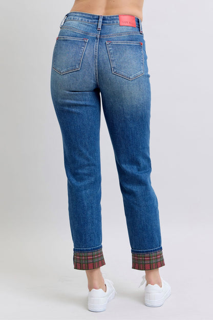 Straight Leg Jeans with Plaid Print Cuff