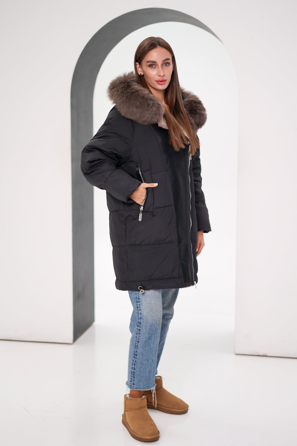 Genuine Polar Fox Insulated Coat | Black